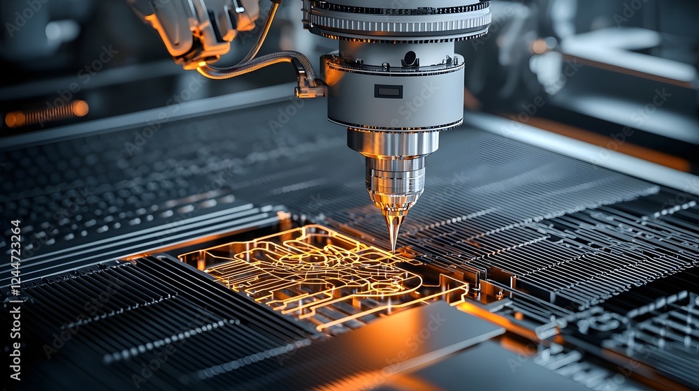 Poster factory worker operating a high precision cnc computer numerical control machine to cut and shape in