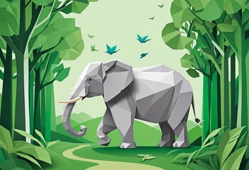 Eco-Friendly Origami Elephant Among Lush Green Forest Landscape: Celebrating Earth Day and Wildlife Conservation