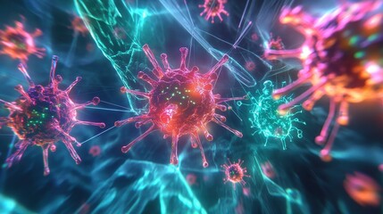 Fototapeta premium Pathogen network interconnected with neon bio-hacking symbols, pathogens, futuristic biosecurity . 