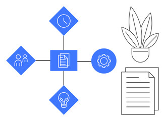 Network diagram with four blue diamond shapes connected by lines, featuring clock, team, lightbulb, and gear symbols around central document. Potted plant and document stack on the side. Ideal