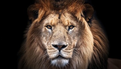 Powerful Nocturnal Majesty A Closeup Portrait of a Regally Illuminated Male Lion, Captured against the Velvety Blackness of an African Savannah Night.