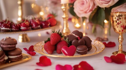 A luxurious Valentine's Day dessert table, featuring chocolate-dipped strawberries, heart-shaped macarons, golden candle holders, and scattered rose petals, creating a rich and indulgent scene