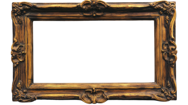 Golden ornate frame with transparent background isolating the empty space