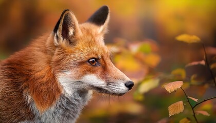 Fototapeta premium Vivid Autumnal Portrait of a Red Fox amidst Forest Foliage, Capturing the Enchanting Hues and Textures of Nature in Transition