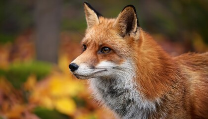 Fototapeta premium Vivid Red Fox Portrait Amidst the Majestic Autumn Forest, Capturing the Rich Colors and Textures of Falls Majesty