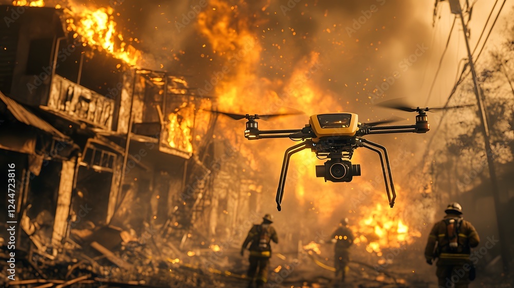 Poster futuristic autonomous drone equipped with advanced firefighting technology extinguishing a massive o