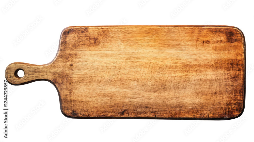 Poster old rustic empty wooden cutting board with handle on transparent background