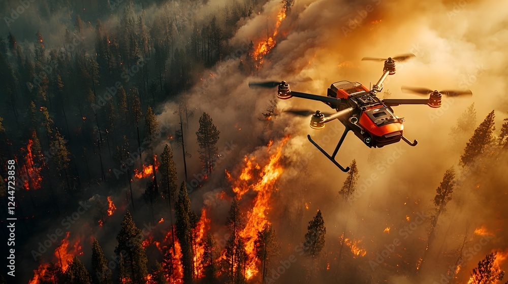 Poster futuristic autonomous firefighting drone equipped with advanced technology and capabilities battling