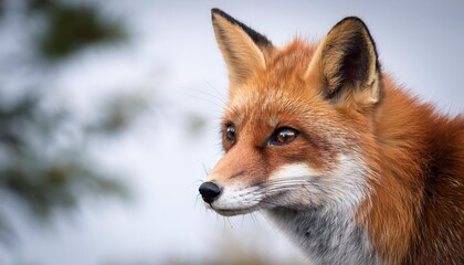 Fototapeta premium Vibrant Portrait of a Red Fox, Set Against a Winter Wonderland Backdrop at Sunrise, Showcasing the Foxs Intense Eyes and Furry Texture in High Contrast with Snowy Landscape.