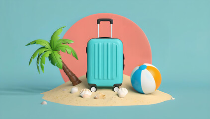 Fototapeta premium A 3D adorable model of summer vacation icons, featuring an airplane, sand, beach, sun, suitcase, palm tree, beach ball, and beach chair.