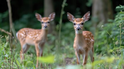 Two fawns in forest, gazing, nature background, wildlife photography