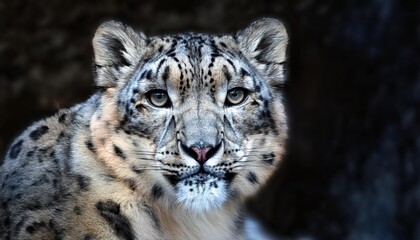 Striking Portrait of a Snow Leopard Panthera uncia in Winters Purest White, Set Against a Backdrop of Majestic Himalayan Peaks at Twilight