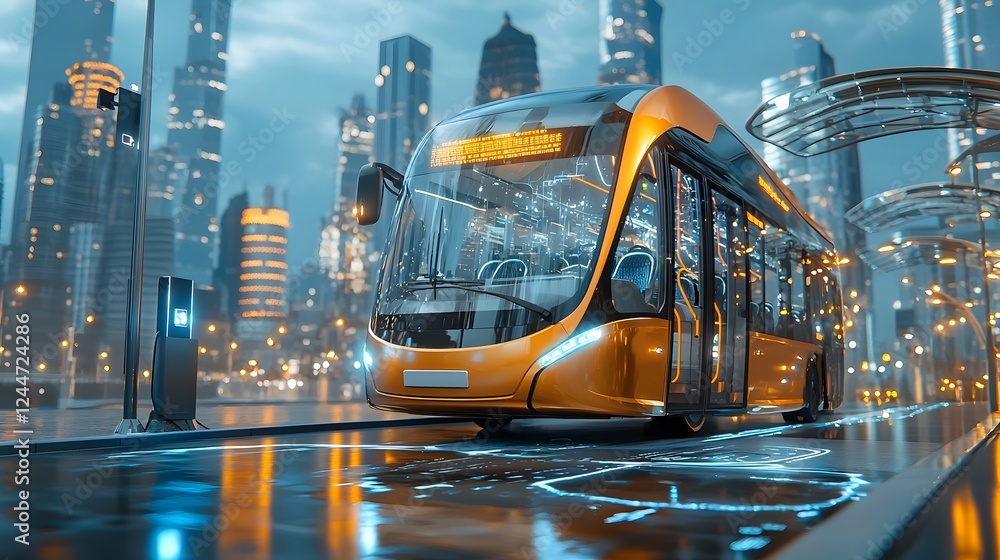 Poster futuristic electric bus wirelessly charging at a sleek technologically advanced city backdrop with t