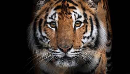 Vivid, Intense Eyes CloseUp Portrait of Majestic BlackStriped Tiger Amidst the Darkness, Showcasing the Power and Mystery of Natures Apex Predator.