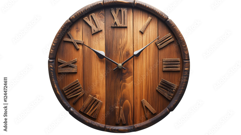 Poster wooden clock showing time with roman numerals on transparent background