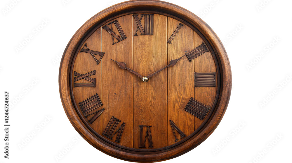 Poster wooden clock showing time with roman numerals on transparent background