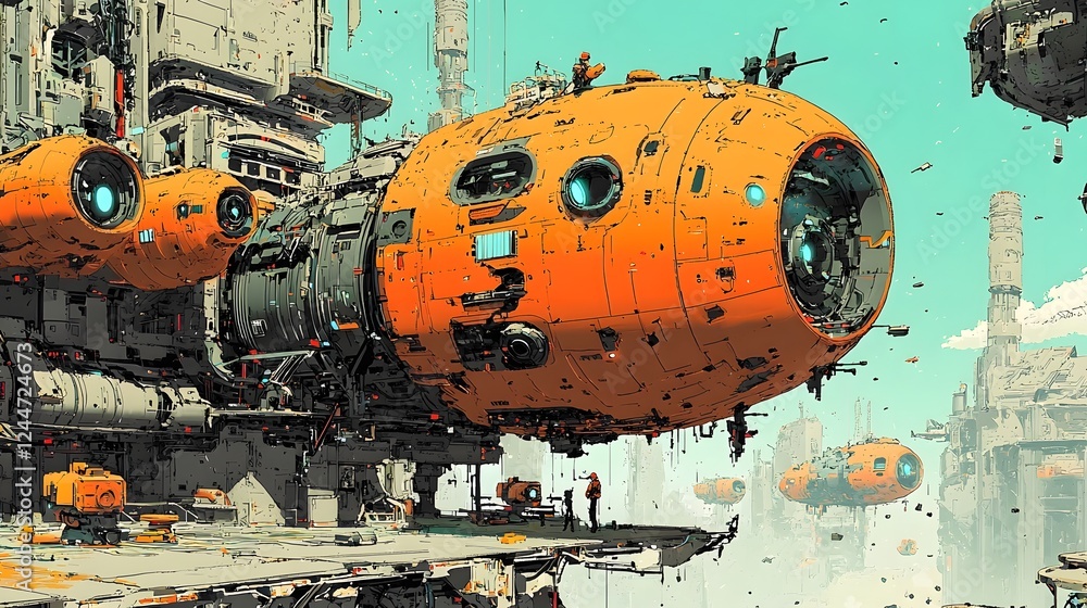 Fototapete Futuristic factory floor with large scale industrial robots and automation systems assembling and constructing heavy machinery equipment and transportation vehicles