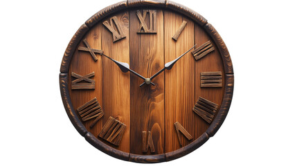 Wooden clock showing time with roman numerals on transparent background