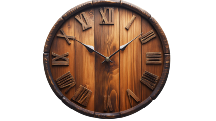 Wooden clock showing time with roman numerals on transparent background