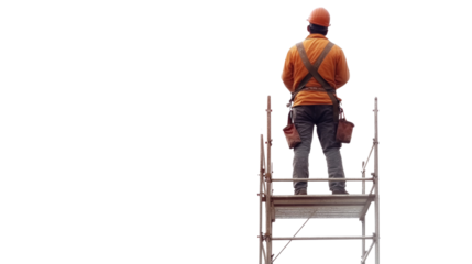 Construction worker standing on scaffolding with transparent background