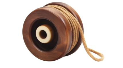 Wooden spool holding beige string on transparent background