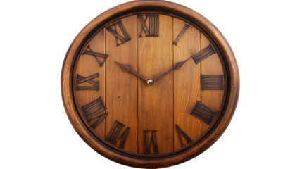Wooden clock showing time with roman numerals on transparent background