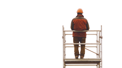 Construction worker standing on scaffolding with transparent background