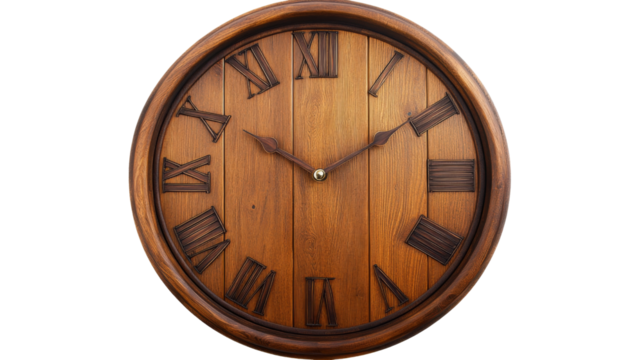 Wooden clock showing time with roman numerals on transparent background