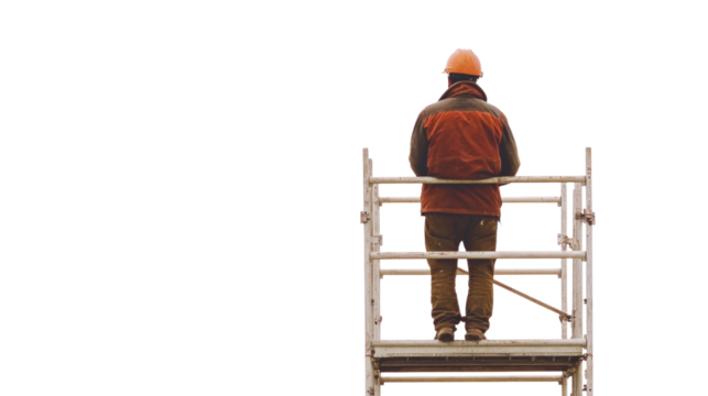 Construction worker standing on scaffolding with transparent background