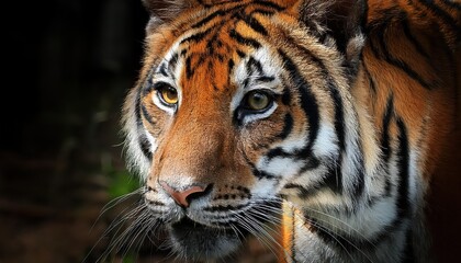 Naklejka premium Majestic Bengal Tiger in Full Glory, With Striking Stripes and Amber Eyes, Set Against the Backdrop of a Lush, Verdant Jungle at Dawn.