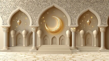 Fototapeta premium Islamic Golden Crescent Moon Arch Wallpaper Ramadan Eid
