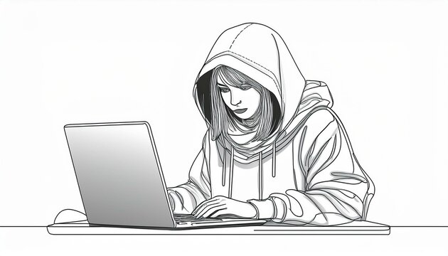continuous single line drawing of computer hacker stereotype, line art vector illustration