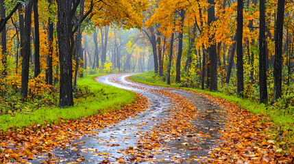 Obraz premium Rainy autumn road curving through colorful forest