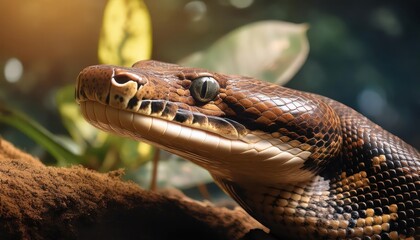 Majestic Anaconda Basking in the Early Morning Light A Striking Closeup of Its Unique Patterns and Textures, Set Against a Lush Tropical Backdrop.
