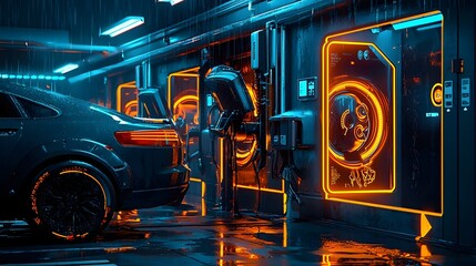 Futuristic neon lit self service car wash stations with a sleek technologically advanced design located in an urban industrial setting  The image showcases the modern