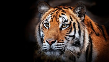 Vibrant and Majestic Asian Tiger Portrait, Capturing the Power and Grace of Natures Apex Predator in a Striking Closeup, with Rich Brown Fur Glowing against a Backdrop of Jungle Greens.
