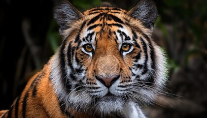 Vivid Asian Tiger Portrait Captured in the Wilderness, Majestic Feline Striking a Powerful Pose amidst Lush Greenery and Rich Autumn Colors.