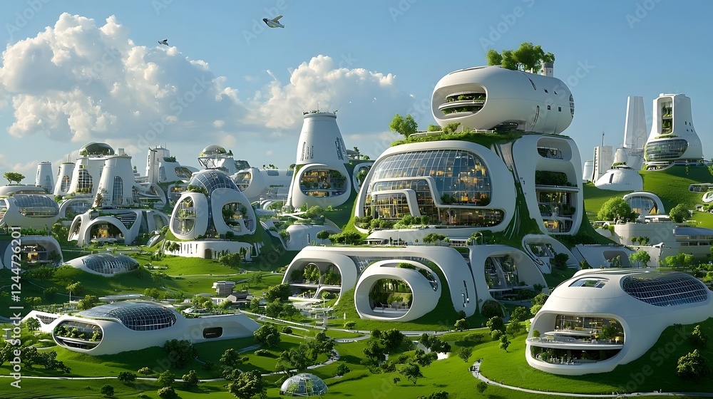 Aufkleber futuristic self sustaining arcology surrounded by green technology in a densely populated cityscape 