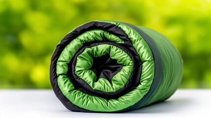 Rolled Lime Green and Black Quilted Blanket on White Surface