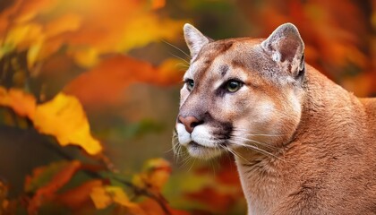 Naklejka premium Striking Portrait of a Majestic Puma Amidst Autumnal Forest Scenery, Showcasing the Rich Colors and Textures of Fall in Wilderness, Capturing the Essence of Natures Beauty.