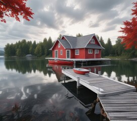 Obraz premium Red RIB in a grey and white boat house with a calm lake or river in the background, red, mooring, dockage