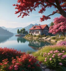 Red roofed house with lush pink flowers and a majestic view of a calm lake, interior, still life, garden