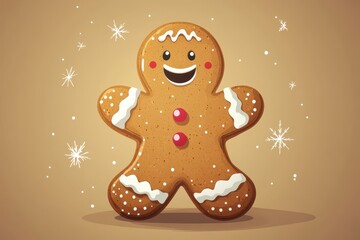 Fototapeta premium Illustration of a Smiling Gingerbread Man Cookie with Frosting Details Surrounded by Snowflakes on a Brown Background with Festive Elements