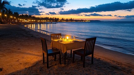 Fototapeta premium Romantic Beach Dinner at Sunset Golden Hour Ocean View