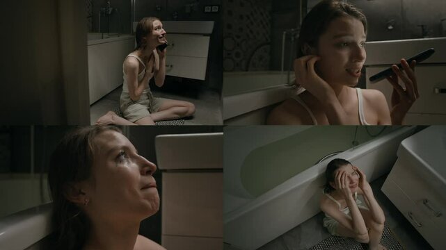 Split screen of disappointed Caucasian gen Z girl with smudged makeup having emotional conversation over phone, yelling and crying feeling miserable while sitting in bathroom
