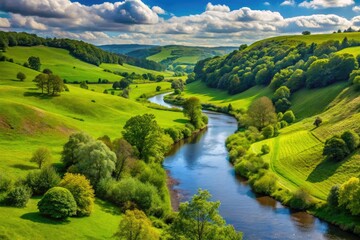 Rolling hills with a river flowing through them surrounded by lush greenery and trees, valleys, countryside, rivers, rolling plains, outdoor environments