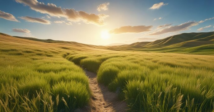 Rolling hills of golden wheat and green grass with a blue sky above, sunny day, fields of wheat, white clouds