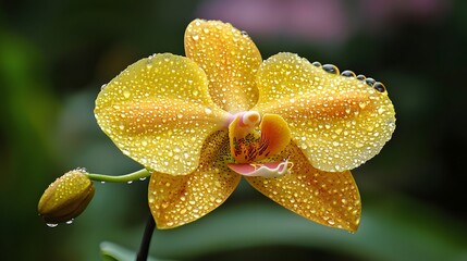 Fototapeta premium Vibrant Yellow Orchid with Water Droplets in a Lush Green Background