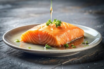 Salmon fillet on a plate with a small pool of dripping liquid, kitchen, raw fish, dinner