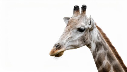 Naklejka premium Striking Portrait of a Giraffe in Isolated White Background Captivating Closeup Showcases Majestic Animals Textured Coat and Expressive Eyes, Perfect for Wildlife Artwork or Design Inspiration